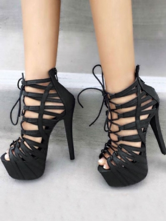 Kvinder Sexede Sko Sort Platform Peep Toe Cut Out Lace Up Højhælede Sandaler