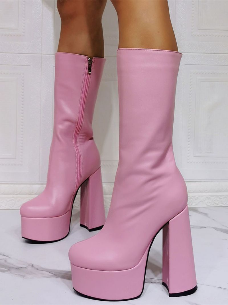 Kvinder Sexet Platform Chunky Heel Mid Calf Støvler Sort - Pink