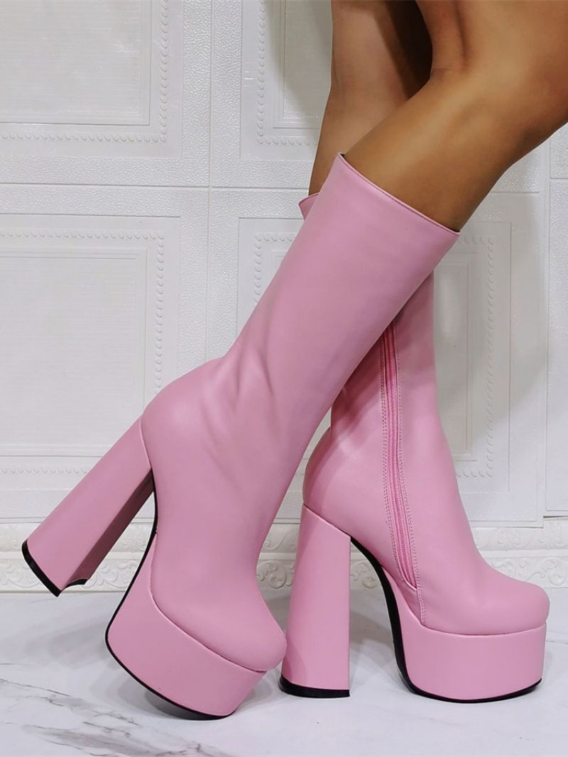 Kvinder Sexet Platform Chunky Heel Mid Calf Støvler Sort - Pink