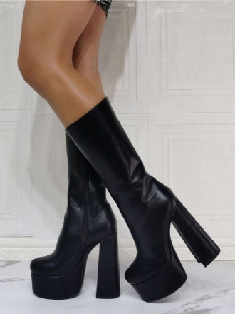 Kvinder Sexet Platform Chunky Heel Mid Calf Støvler Sort