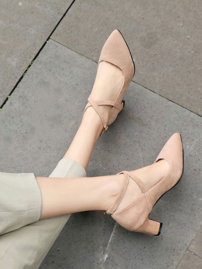 Kvinder Sorte Chunky Heels Cross Over Strap Spidstå Pumps Med Lav Hæl - Pink