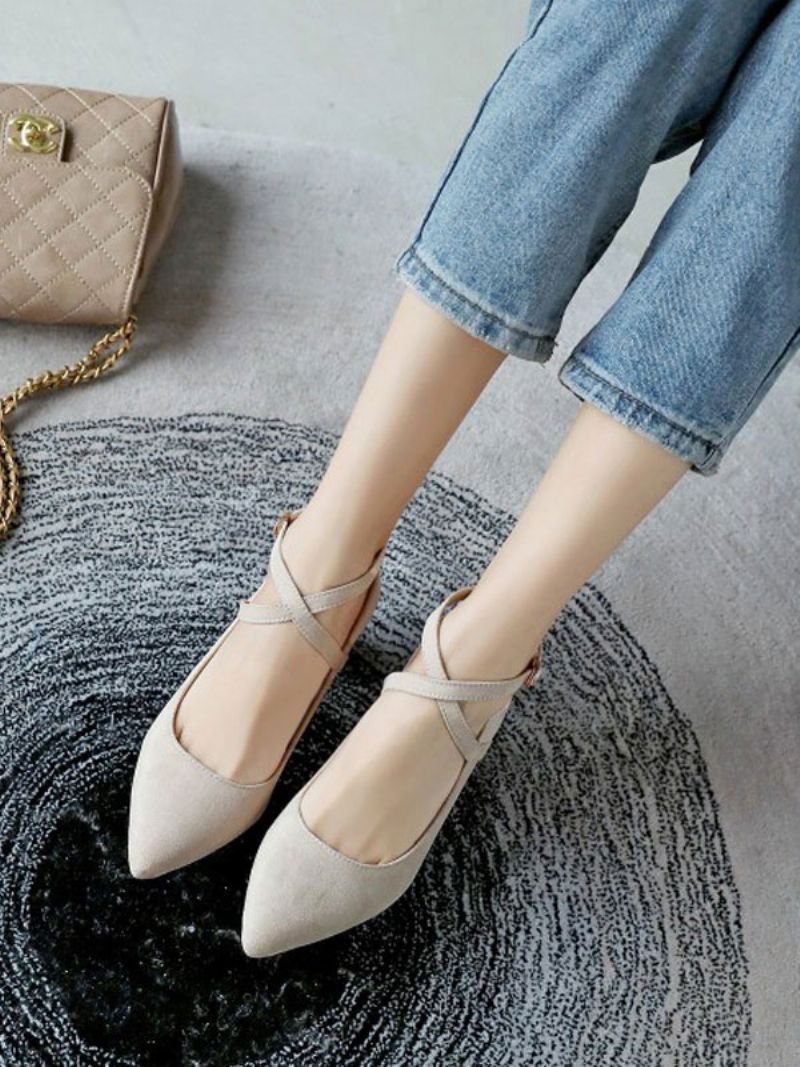 Kvinder Sorte Chunky Heels Cross Over Strap Spidstå Pumps Med Lav Hæl - Beige