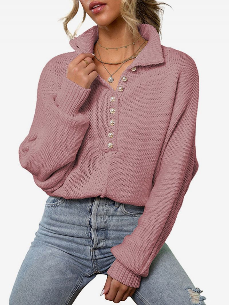 Kvinder Strikket Pullover Knapper Lange Ærmer Ribbet Manchet Enkel Sweater - Pink