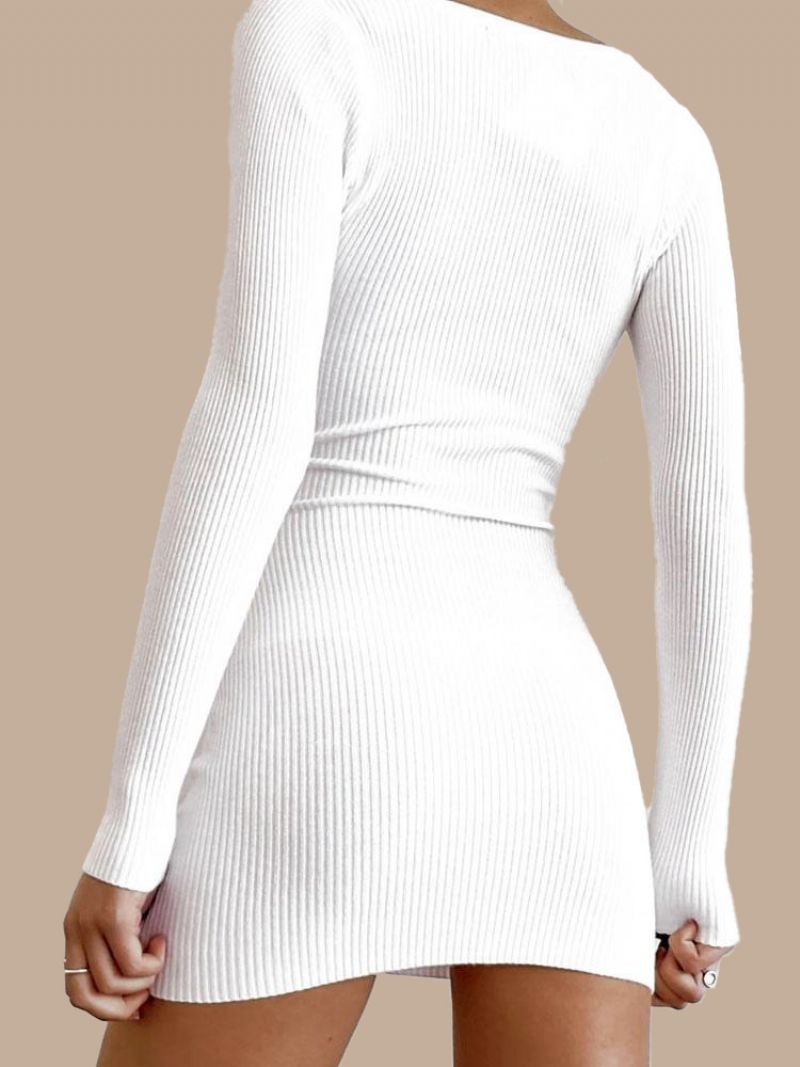 Kvinder Sweater Kjoler Hvid V-hals Casual Bodycon Langærmede Strikket Blyantkjole - Hvid