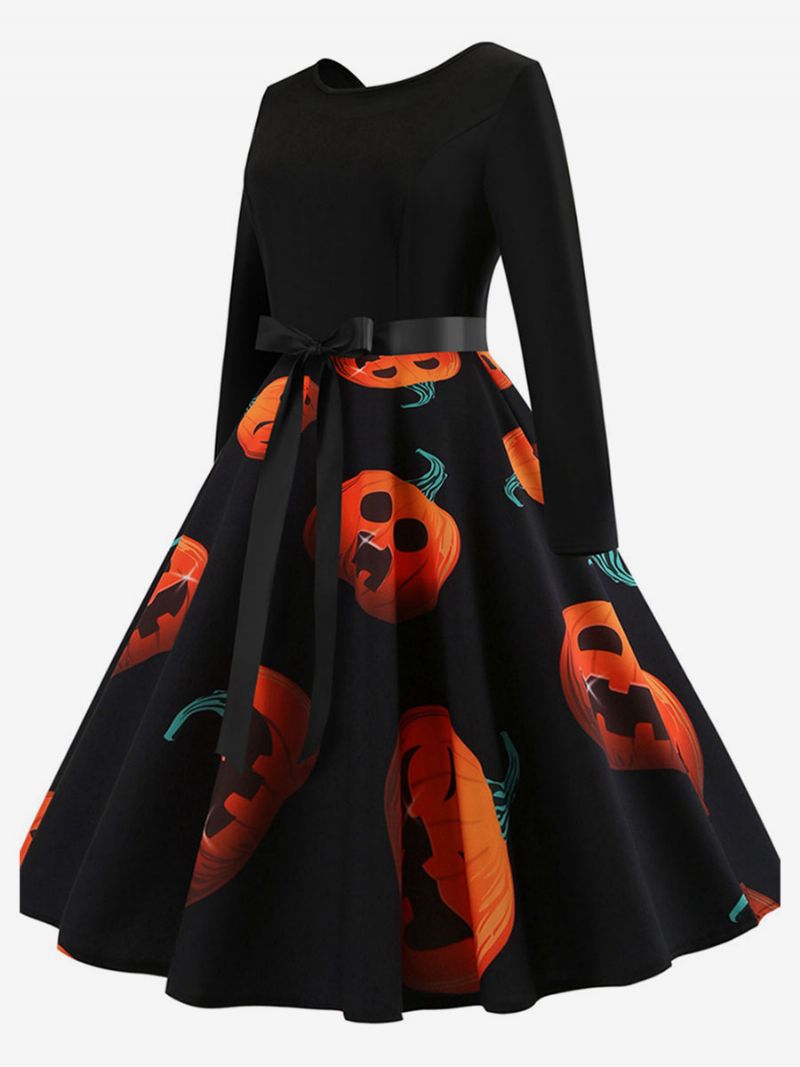 Kvinder Vintage Kjole 1950'erne Audrey Hepburn Stil Swing Trykt Langærmet Retro - Orange