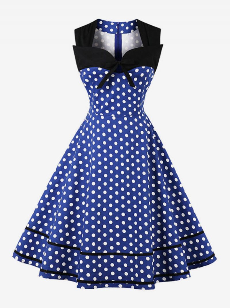 Kvinder Vintage Kjole Polka Dot Bows Sweetheart Swingless Swing Summer Dress - Blå