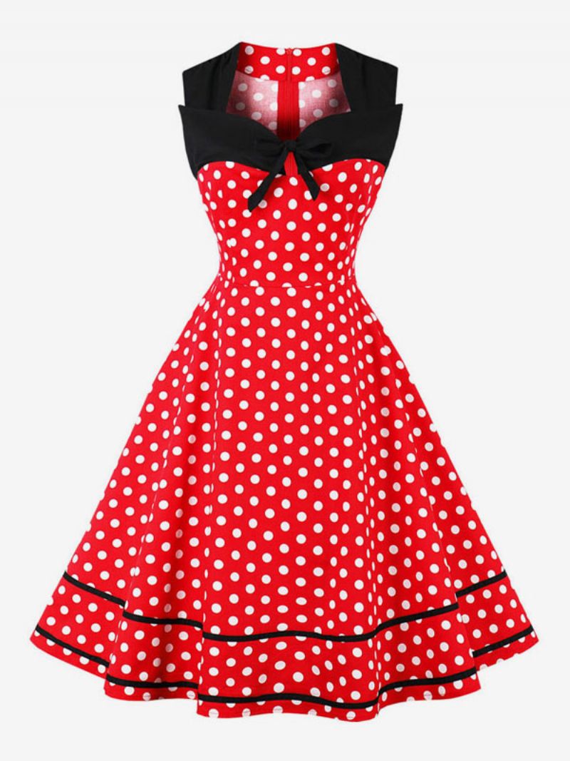 Kvinder Vintage Kjole Polka Dot Bows Sweetheart Swingless Swing Summer Dress - Ture Rød