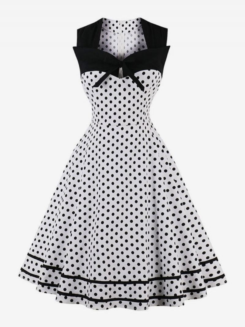 Kvinder Vintage Kjole Polka Dot Bows Sweetheart Swingless Swing Summer Dress - Hvid