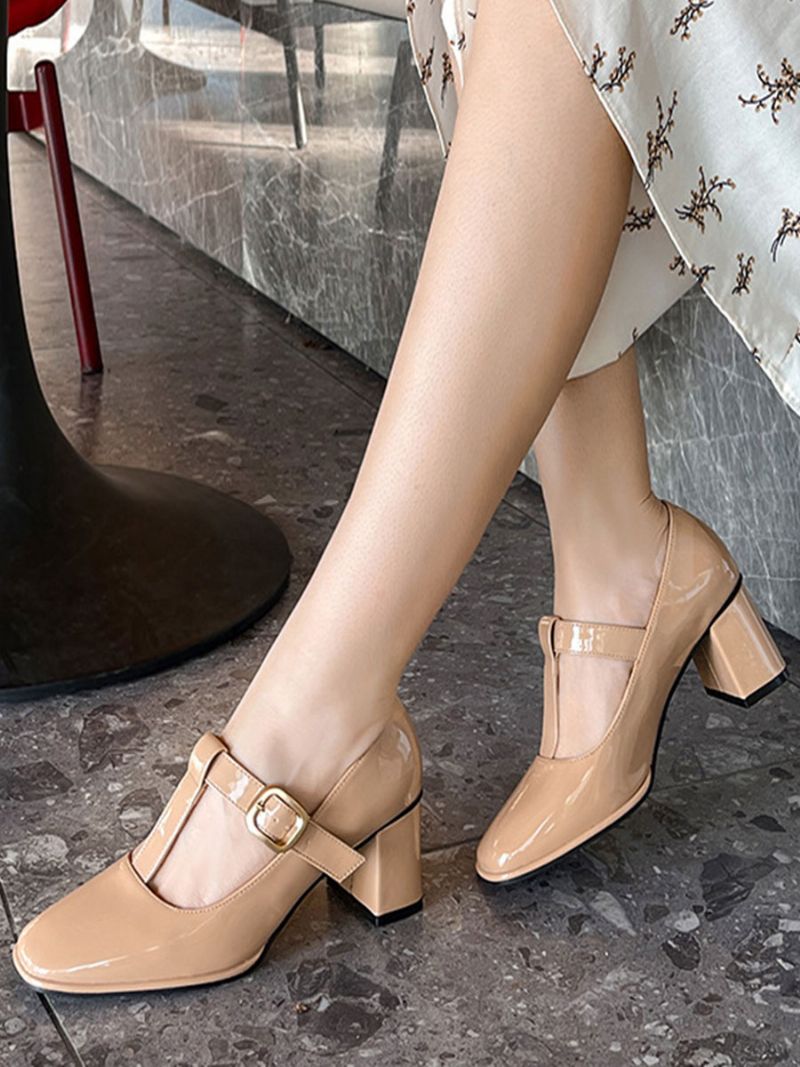 Kvinder Vintage Sko Square Toe T Strap Chunky Heel Pumps - Lysegul