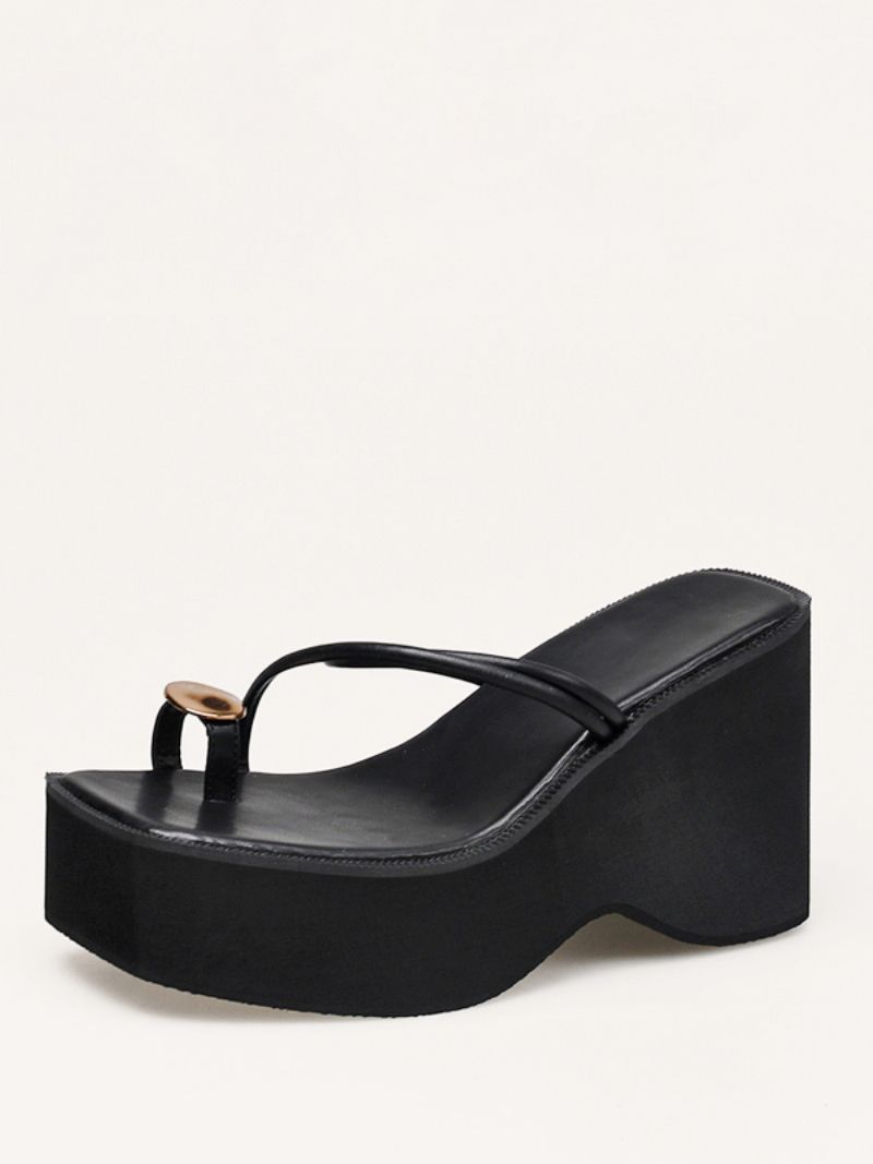 Kvinder Wedge Hjemmesko Sort Platform Toe Loop Sandal Slides