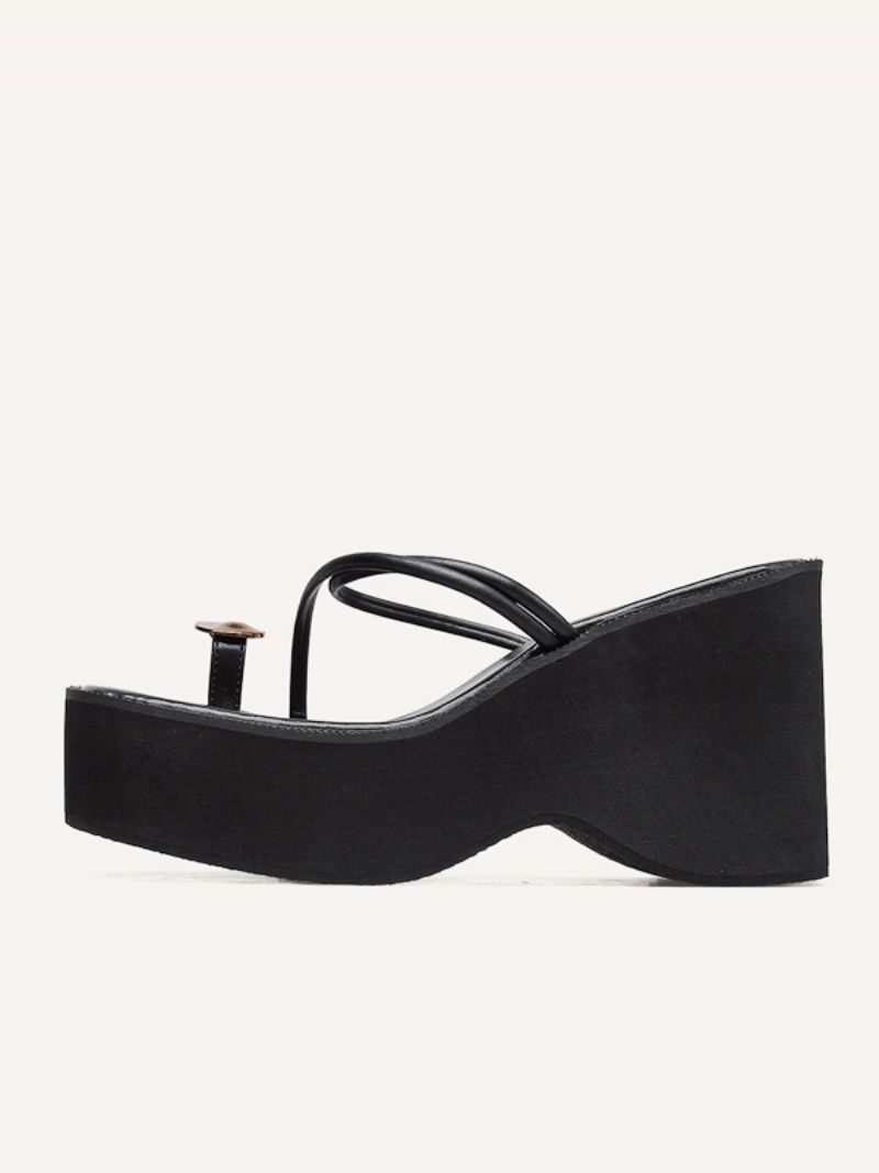 Kvinder Wedge Hjemmesko Sort Platform Toe Loop Sandal Slides - Sort