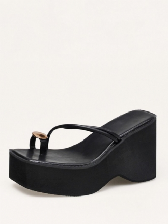 Kvinder Wedge Hjemmesko Sort Platform Toe Loop Sandal Slides