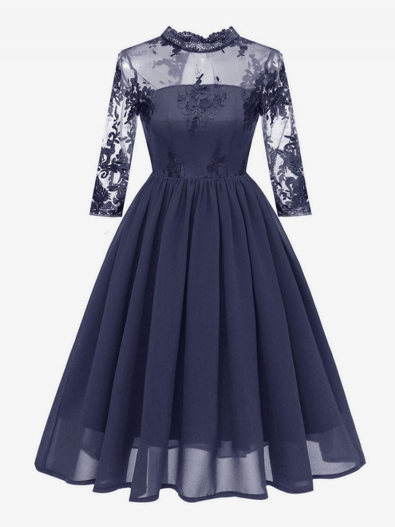 Kvinders 1950'er Audrey Hepburn-stil Retro Kjole Bourgogne 3/4-længde Ærmer Chiffon Blonder Rockabilly - Mørk Navy