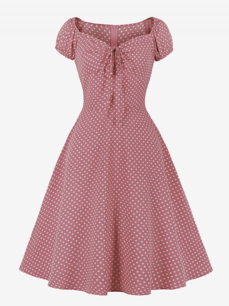 Kvinders 1950'er Audrey Hepburn-stil Retrokjole V-hals Knudet Korte Ærmer Polkaprikkede Midi Swingkjole - Pink