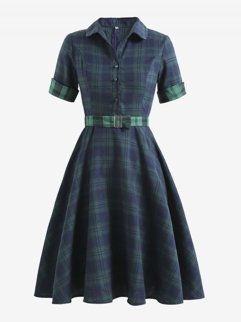 Kvinders 1950'er Audrey Hepburn-stil Vintagekjole V-hals Turndown-krave Korte Ærmer Knælængde Plaid Swingkjole