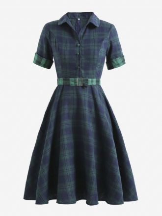 Kvinders 1950'er Audrey Hepburn-stil Vintagekjole V-hals Turndown-krave Korte Ærmer Knælængde Plaid Swingkjole