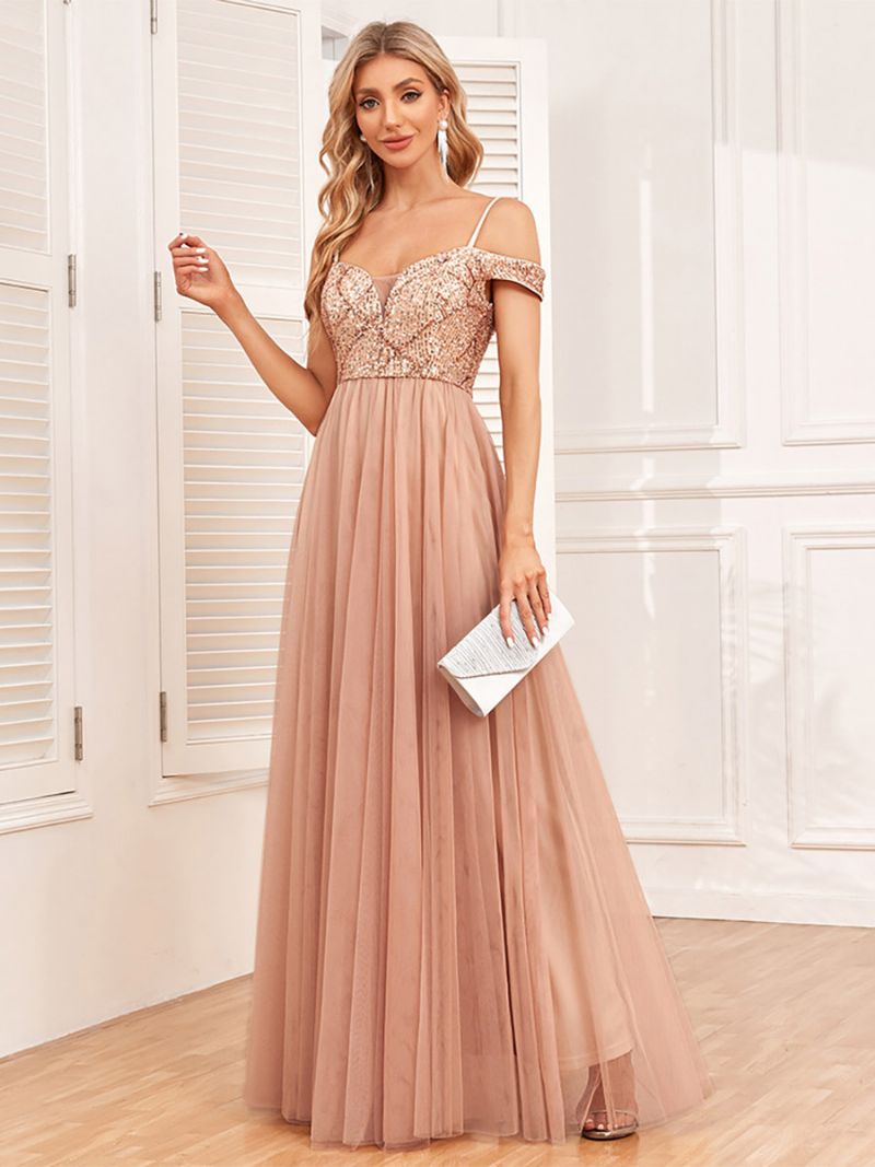 Kvinders A-line Kjole Spaghetti Strap Rygfri Pailletter Prom Maxi Kjoler - Guld