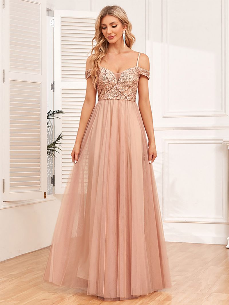 Kvinders A-line Kjole Spaghetti Strap Rygfri Pailletter Prom Maxi Kjoler - Guld