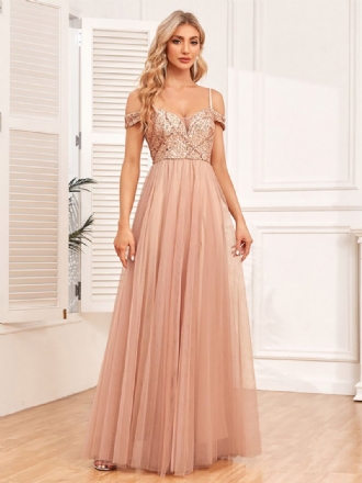 Kvinders A-line Kjole Spaghetti Strap Rygfri Pailletter Prom Maxi Kjoler