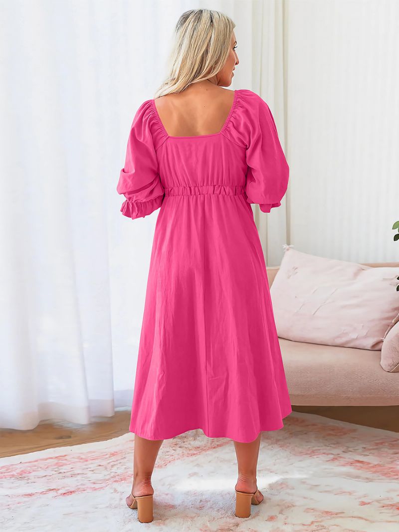 Kvinders A-line Kjole Sweatheart Neck Knotted Pufærmer Udskæring Casual Sommerkjoler - Rose