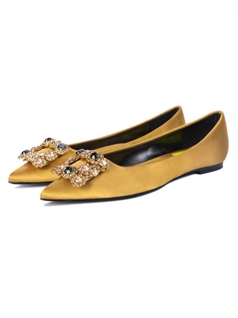 Kvinders Aftensko Sort Satin Spidstå Metaldetaljer Rhinestone Evening Flats Festsko - Gul