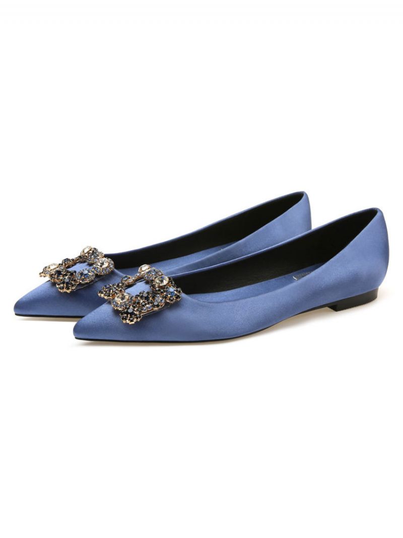 Kvinders Aftensko Sort Satin Spidstå Metaldetaljer Rhinestone Evening Flats Festsko - Blå