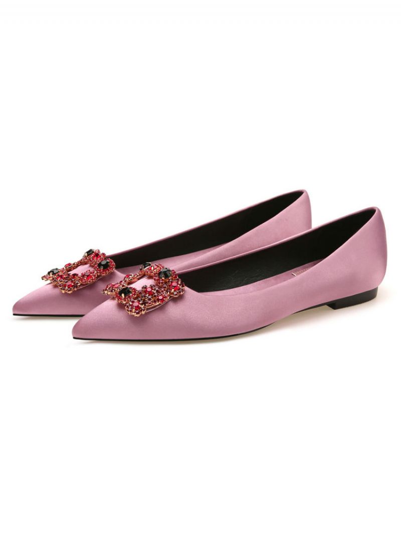 Kvinders Aftensko Sort Satin Spidstå Metaldetaljer Rhinestone Evening Flats Festsko - Pink