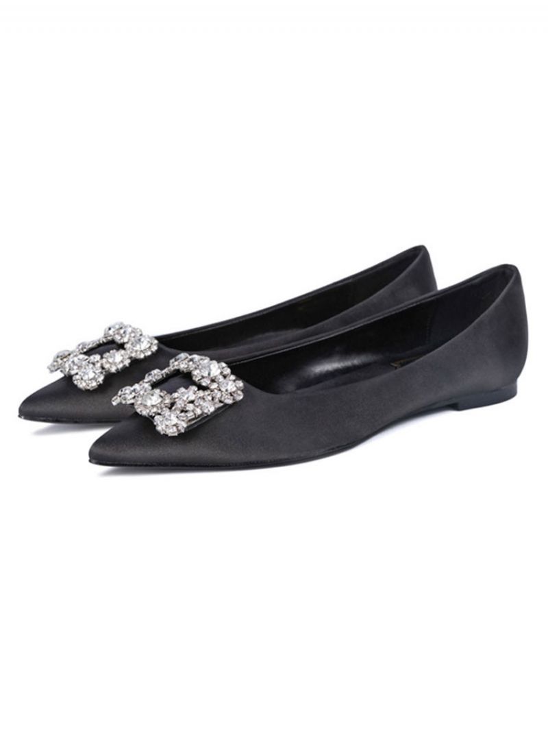 Kvinders Aftensko Sort Satin Spidstå Metaldetaljer Rhinestone Evening Flats Festsko - Sort