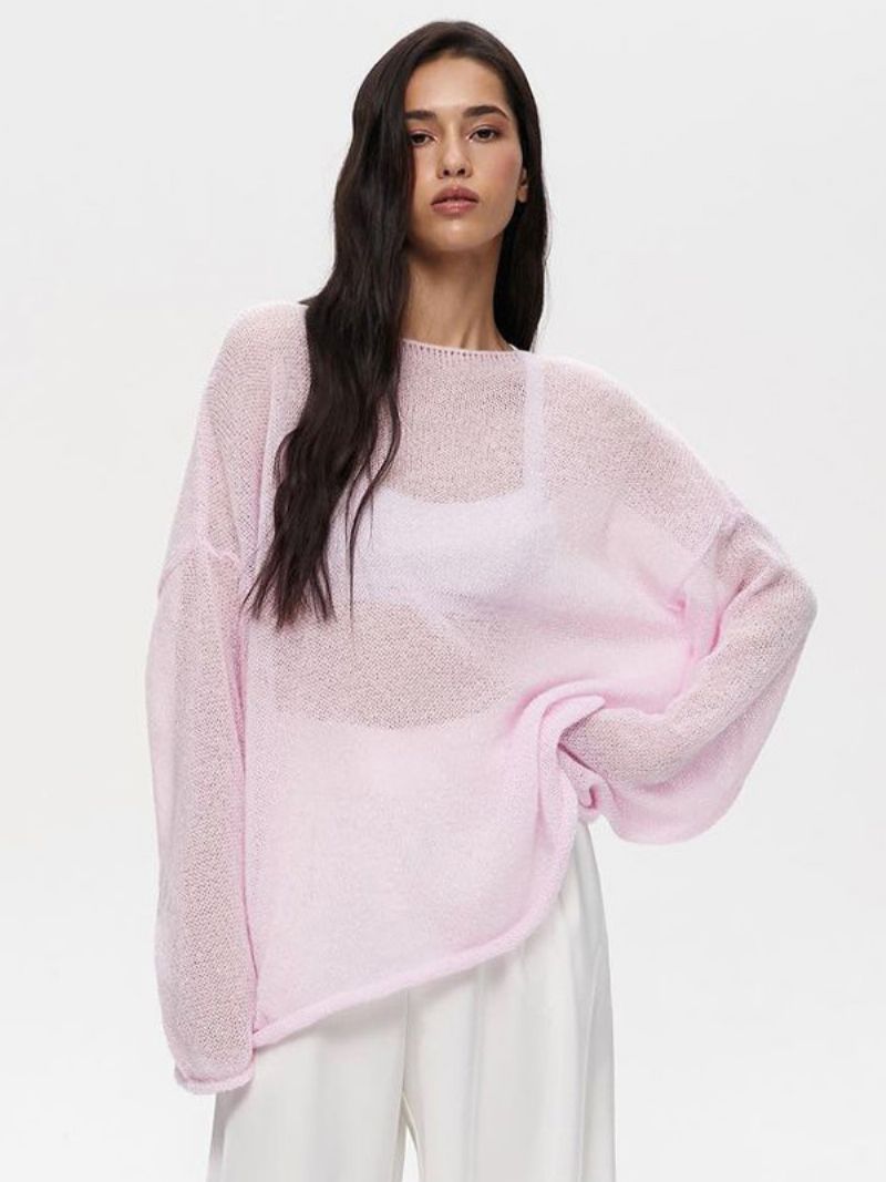 Kvinders Almindelig Hæklede T-shirts Boatneck Lange Ærmer Hul Overdimensioneret Sexet Top - Pink