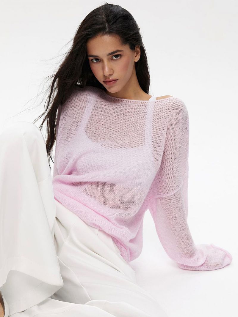 Kvinders Almindelig Hæklede T-shirts Boatneck Lange Ærmer Hul Overdimensioneret Sexet Top - Pink