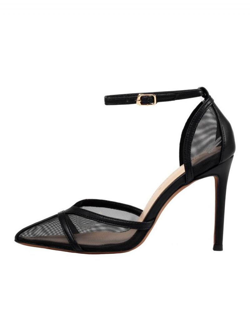 Kvinders Ankelrem Stiletto Prom Heel Pumps I Gul Med Mesh - Sort