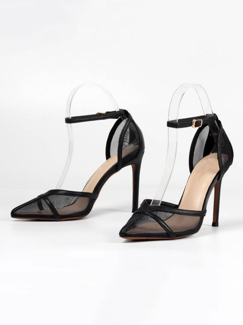 Kvinders Ankelrem Stiletto Prom Heel Pumps I Gul Med Mesh - Sort