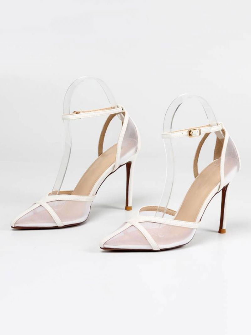 Kvinders Ankelrem Stiletto Prom Heel Pumps I Gul Med Mesh - Hvid