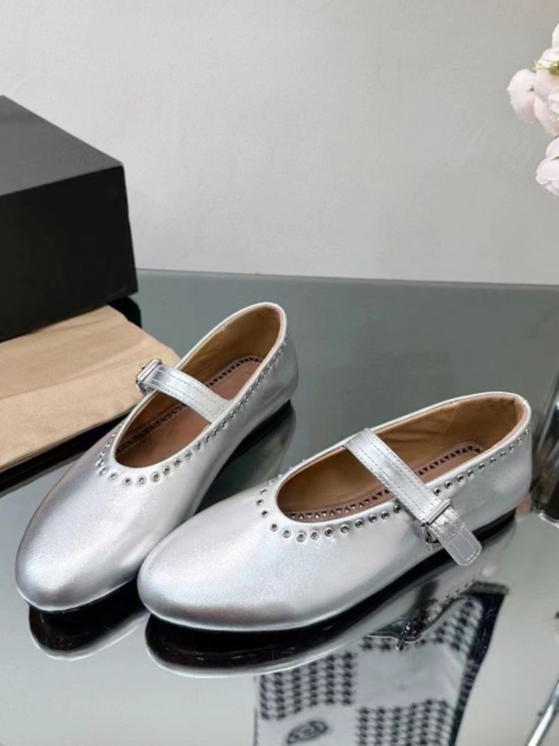 Kvinders Ballerina Flats Sølv Rund Toe Mary Jane Sko