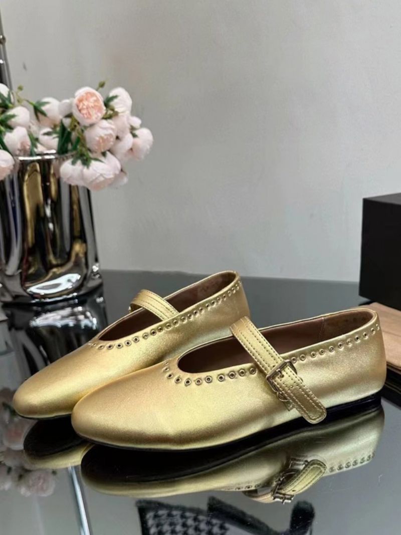 Kvinders Ballerina Flats Sølv Rund Toe Mary Jane Sko - Guld