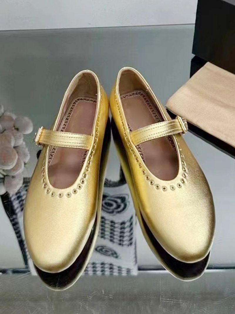 Kvinders Ballerina Flats Sølv Rund Toe Mary Jane Sko - Guld