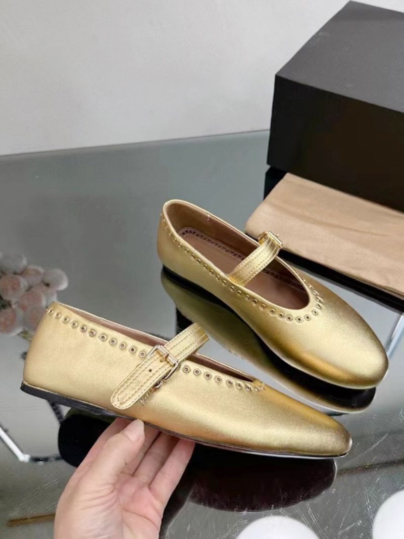 Kvinders Ballerina Flats Sølv Rund Toe Mary Jane Sko - Guld