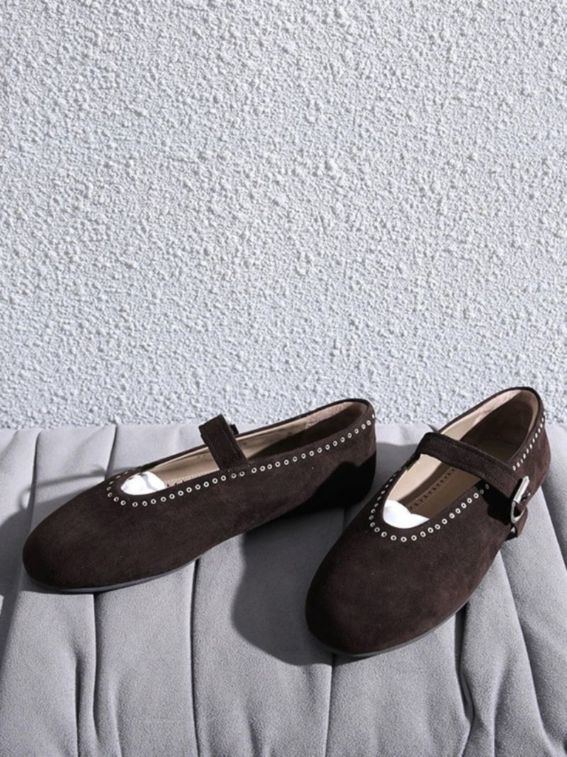 Kvinders Ballerina Flats Sølv Rund Toe Mary Jane Sko - Dyb Brun