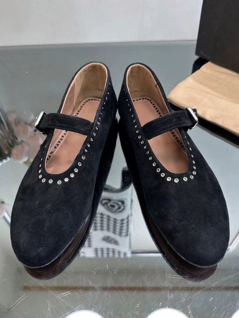 Kvinders Ballerina Flats Sølv Rund Toe Mary Jane Sko - Sort