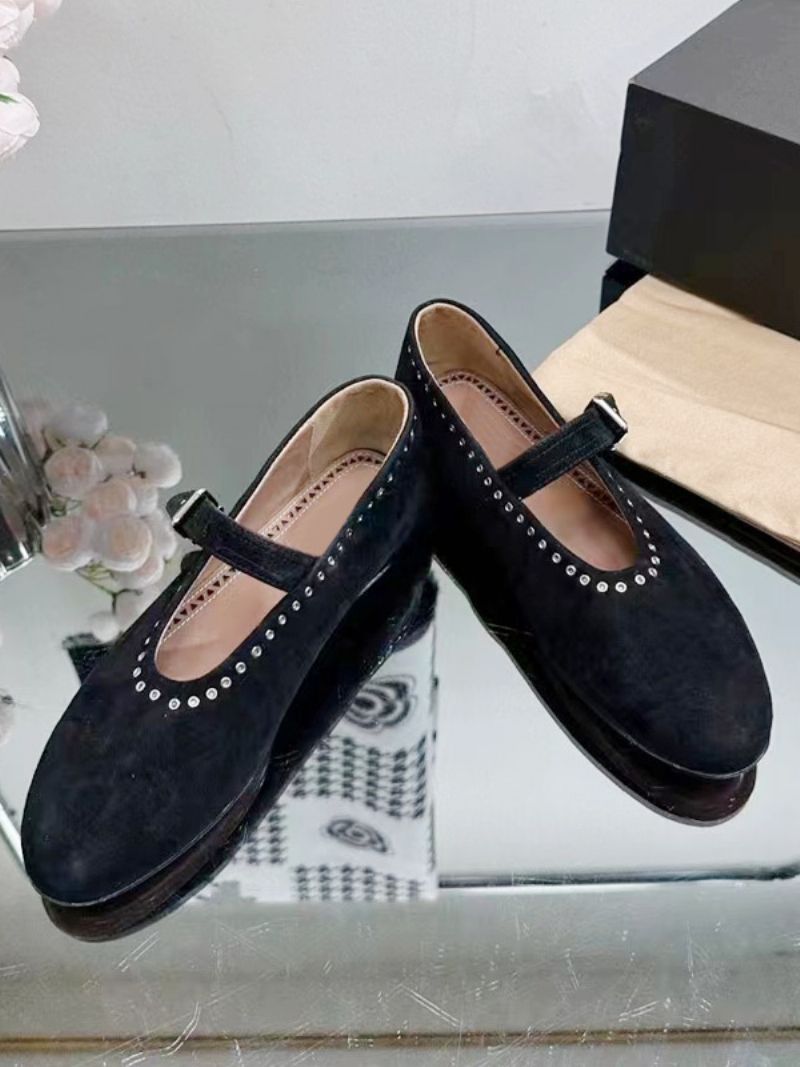 Kvinders Ballerina Flats Sølv Rund Toe Mary Jane Sko - Sort