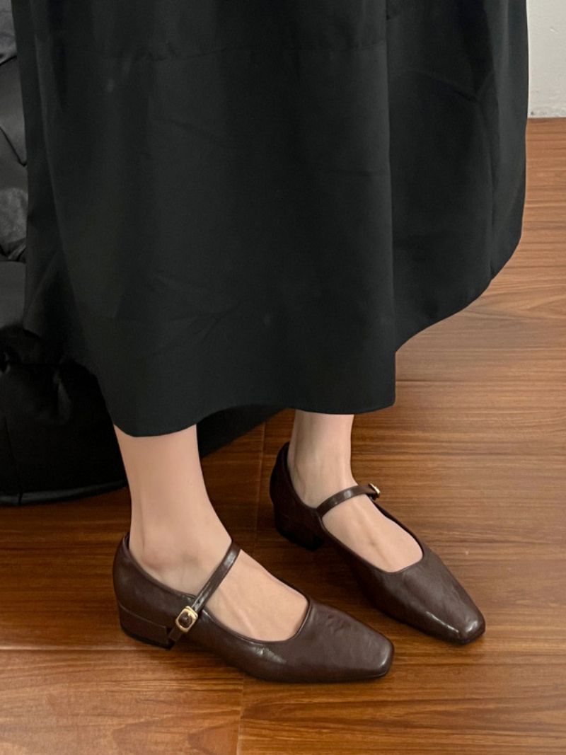 Kvinders Ballerina Flats Sort Firkantet Toe Spænde Detail Ballet - Kaffe Brun