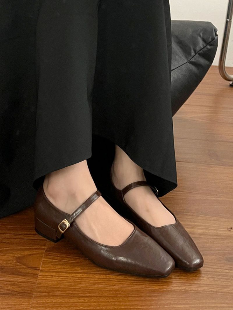 Kvinders Ballerina Flats Sort Firkantet Toe Spænde Detail Ballet - Kaffe Brun