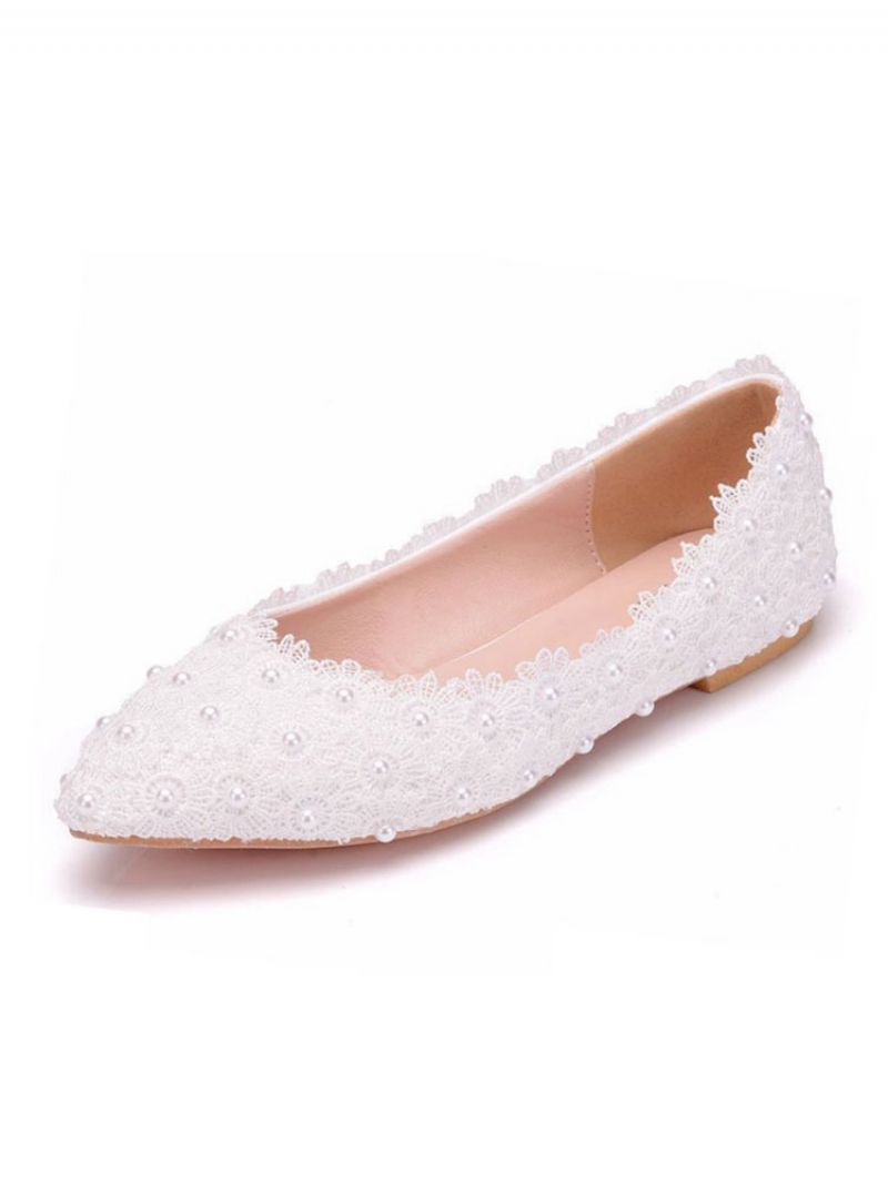 Kvinders Ballet Flats Hvidt Imiteret Læder Spidstå Blomster Plus Size Ballerina