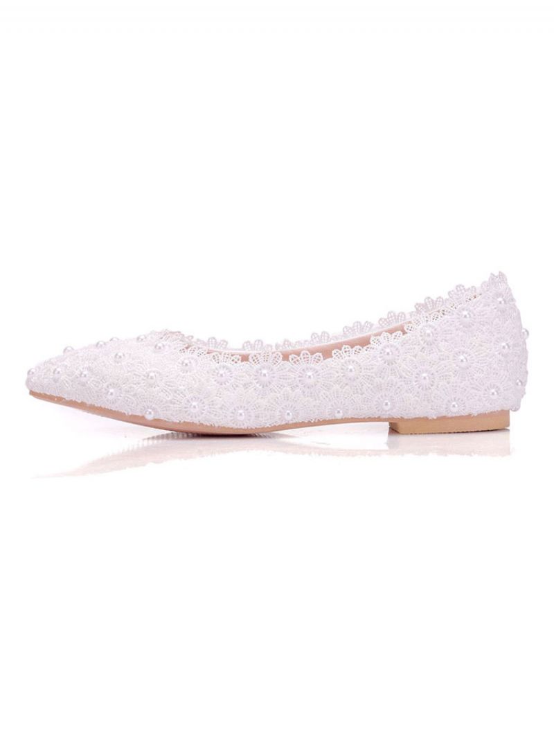 Kvinders Ballet Flats Hvidt Imiteret Læder Spidstå Blomster Plus Size Ballerina - Hvid