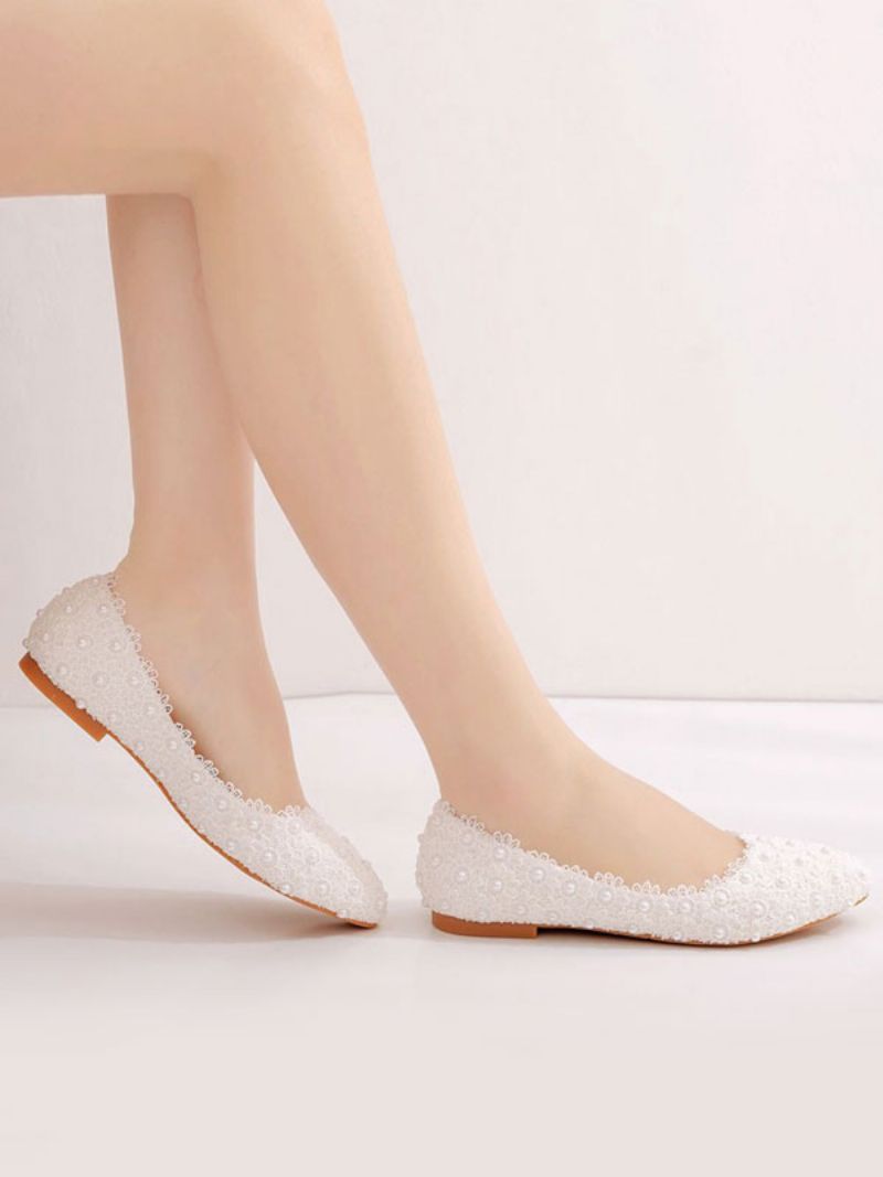 Kvinders Ballet Flats Hvidt Imiteret Læder Spidstå Blomster Plus Size Ballerina - Hvid