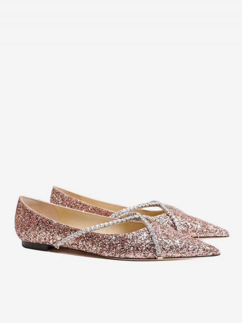 Kvinders Ballet Flats Pailletter Spidstå Strappy Flade Bryllupssko - Pink