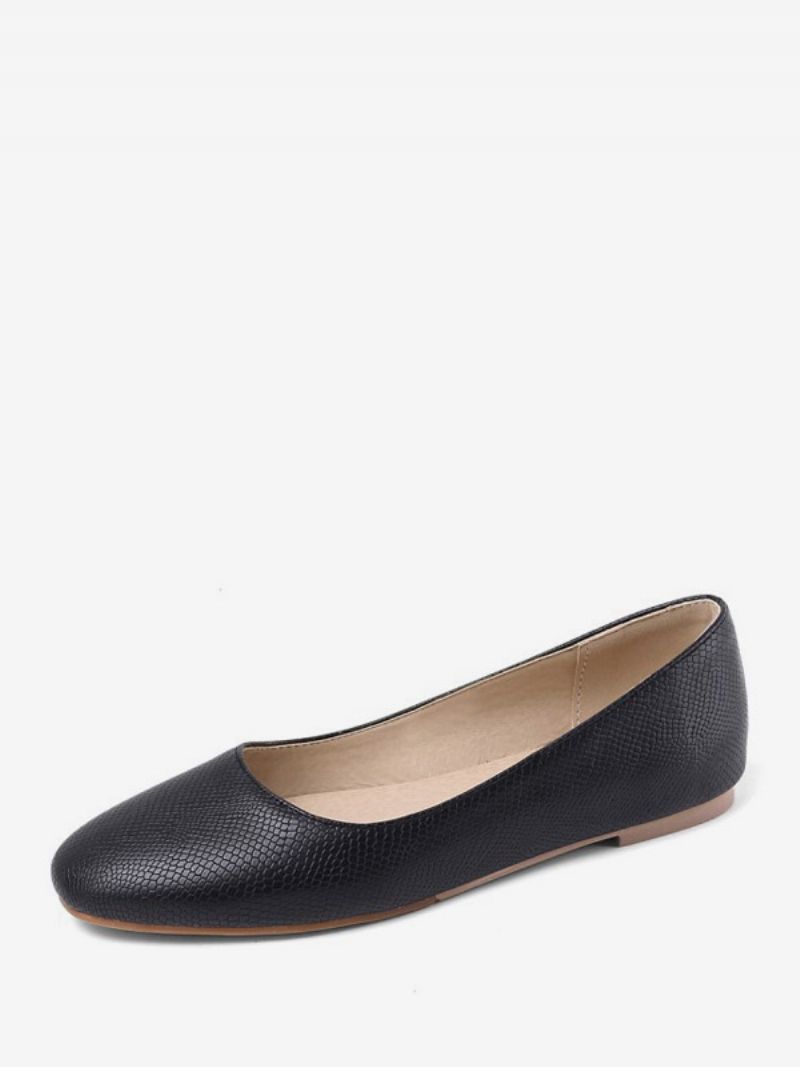 Kvinders Ballet Flats Rund Toe Snake Mønster Slip On Flat Pumps - Sort