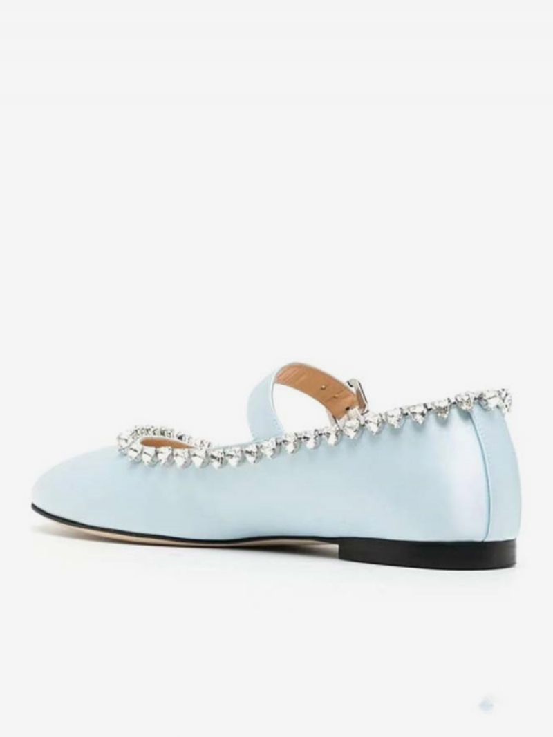 Kvinders Ballet Flats Satin Rhinestones Rund Toe Mary Jane Flade Sko - Babyblå