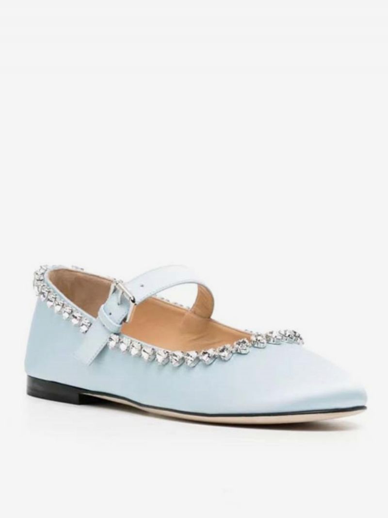 Kvinders Ballet Flats Satin Rhinestones Rund Toe Mary Jane Flade Sko - Babyblå