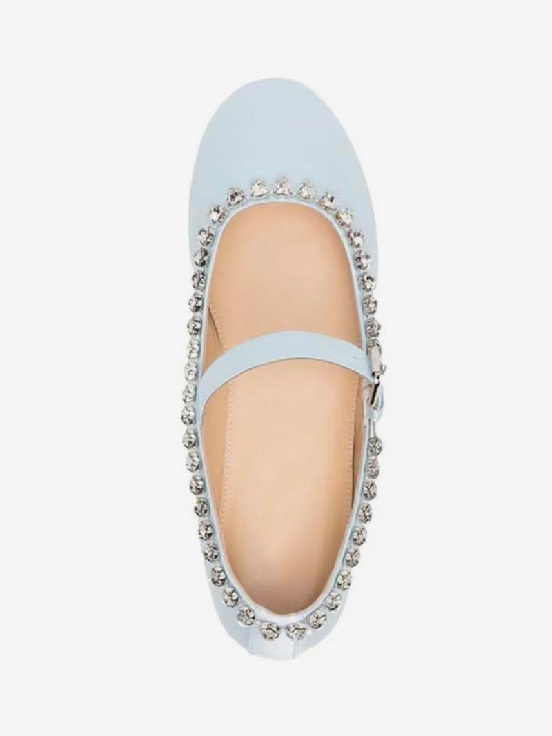 Kvinders Ballet Flats Satin Rhinestones Rund Toe Mary Jane Flade Sko - Babyblå